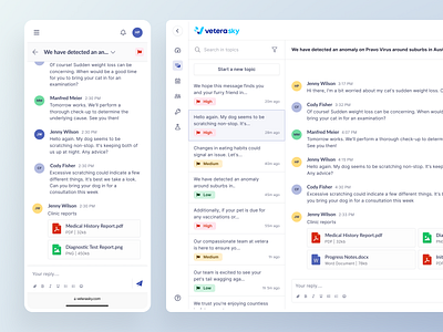 VeteraSky - Conversations view 💬 attachments chat clinic conversation germany management medical minimal mobile norway product design records responsive saas search topic ui ux veterinary