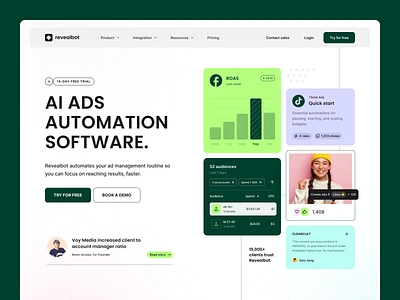 Revealbot - Automates ad management routine website ads ads campaign advertisement ai artificial intelegent chart coloful commercial data design graphic design landing page marketing ui ui illustration user interface ux vibrant web design website