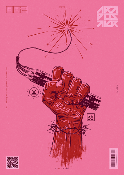 Start a Riot art blockprint bomb brush drawing dynamite engraving etching fist fuse hand illustration ink inking linocut pencil poster riot surreal thorns