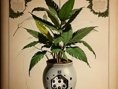 An antique botanical drawing of a plant in a futuristic pot art botanical design drawing plant