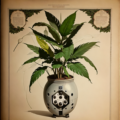 An antique botanical drawing of a plant in a futuristic pot art botanical design drawing plant