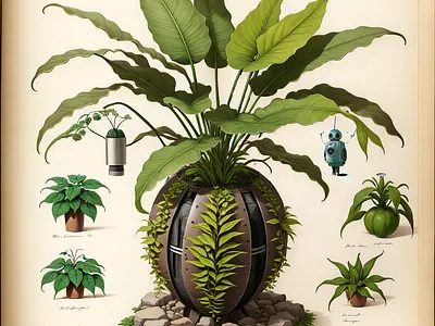 An antique botanical drawing of a plant in a futuristic pot art botanical design futuristic illustration plant