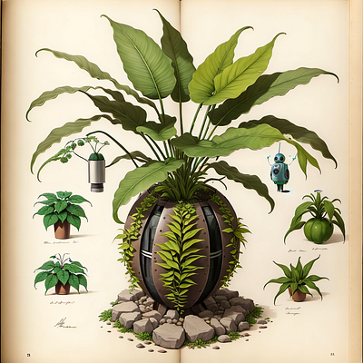 An antique botanical drawing of a plant in a futuristic pot art botanical design futuristic illustration plant