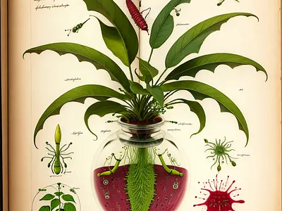 An antique botanical drawing of a fantasy plant botanical drawing fantasy fictional flora illustration