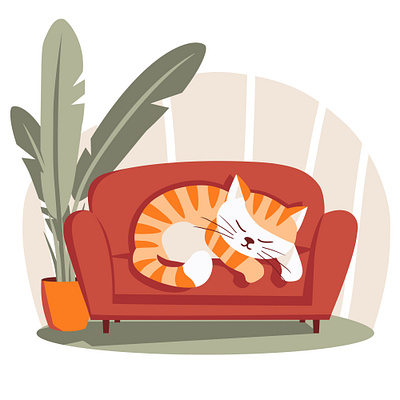 A Cat Sleeping On A Sofa card cat couch houseplant illustration interior sleeping sofa vector
