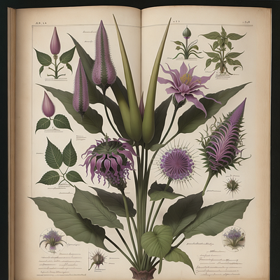 An antique botanical illustration of a fantasy plant botanical design drawing fantasy fictional flora plant