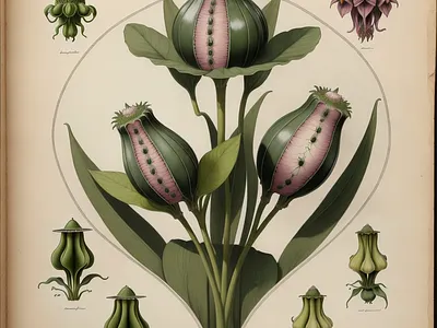 An antique botanical drawing of a fantasy plant art botanical design drawing fantasy fictional flora illustration plant