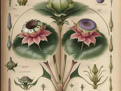 An antique botanical illustration of a fictional plant art botanical drawing fantasy fictional flora illustration plant