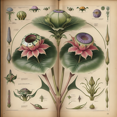 An antique botanical illustration of a fictional plant art botanical drawing fantasy fictional flora illustration plant