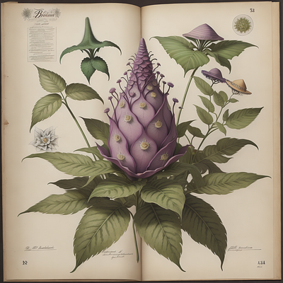 An antique botanical illustration of a fantasy flower antique art botanical design drawing fantasy fictional flora plant
