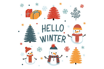 Winter Greeting Card bright christmas gifts greeting card hello winter lettering scarf snow snowflakes snowman trees vector winter