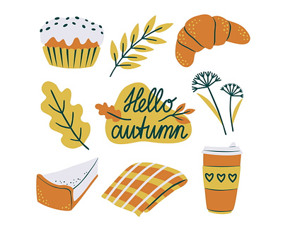 Cute Autumn Illustrations With Lettering | Greeting Card autumn flat hello lettering vector