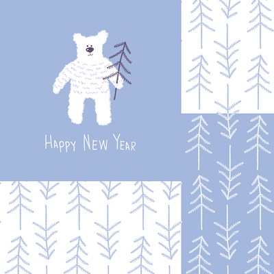Bears Happy New Year | A series of greeting cards bear card christmas flat forest greeting card new year simple tree