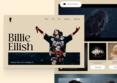 Web Design Billie Eilish - Music World app artist billie billie eilish design landing page merchandise music singer tour date ui ui design uiux ux video web web design website