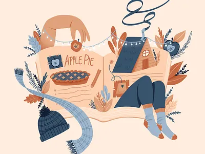 Hello Autumn apple autumn book cabin cozy crisp design fall illustration patio lights scarf tea textured illustration toque