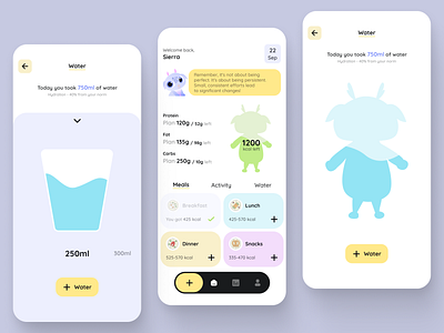 Calories counting mobile app animation app calories calories counting character design fitness app graphic design hydrating illustration lose weight menu motivation navigation bar sport ui ux uxui vector water