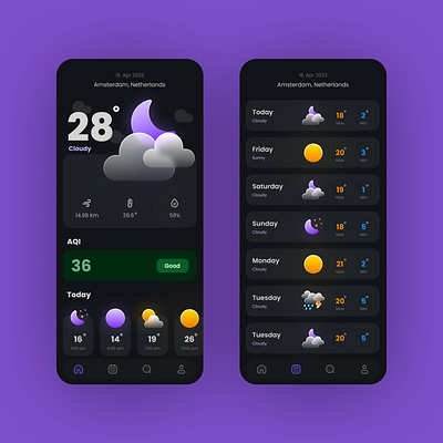 Katrina android app application cloudy dark design forecast graphic design humidity rain sunny temperature thermostat ui uiux ux weather weather forecast widget xd