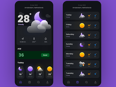 Katrina android app application cloudy dark design forecast graphic design humidity rain sunny temperature thermostat ui uiux ux weather weather forecast widget xd