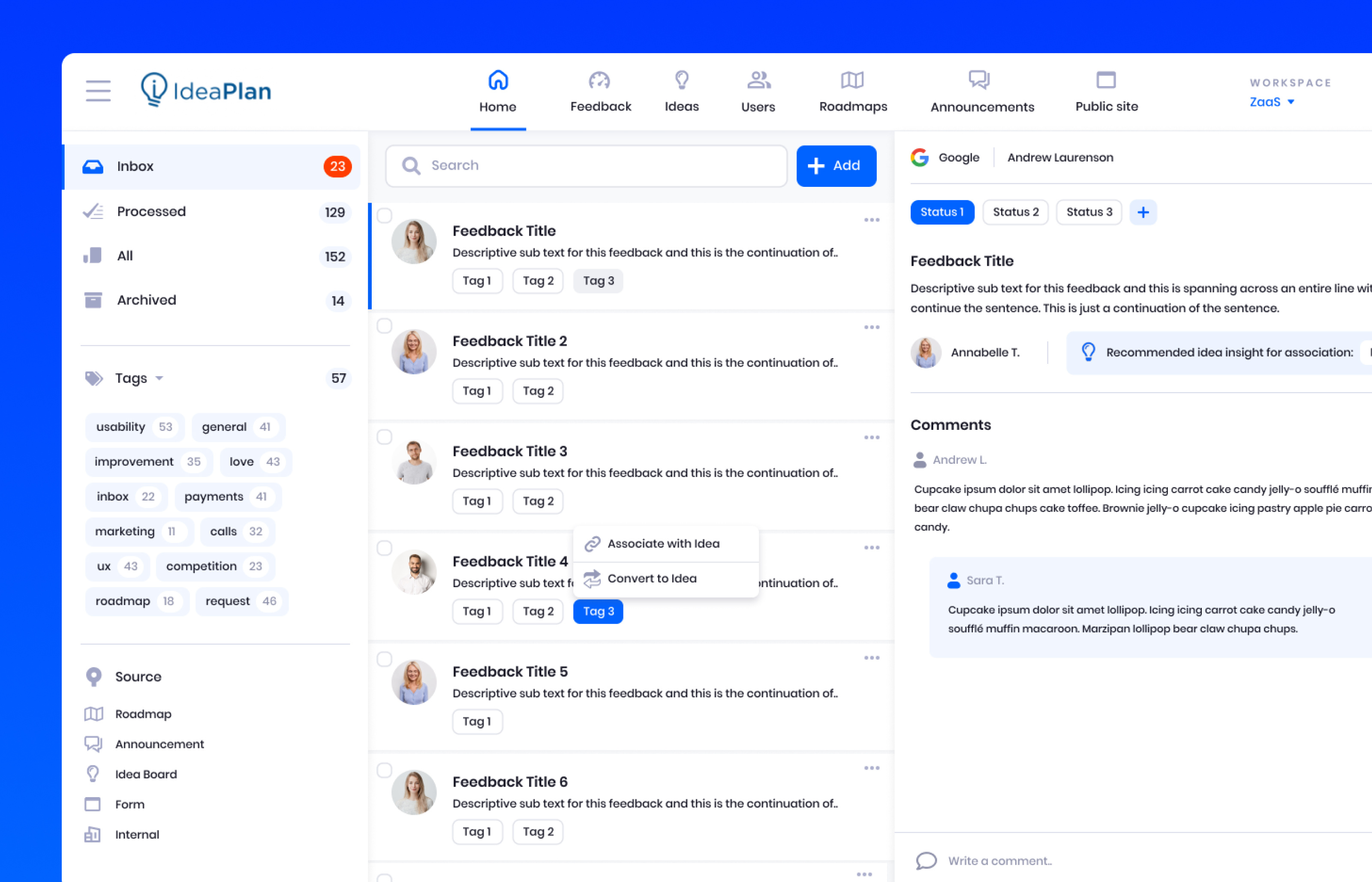 Inbox UI with Feedback Messages app design email inbox messages web website white