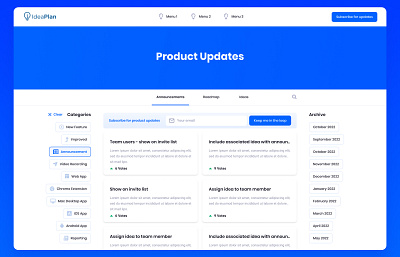 Product Updates UI with Announcement view app blue clean design product ui ux white