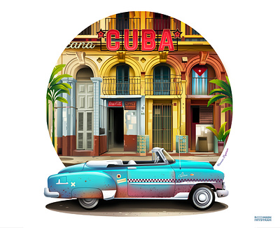 Cuba architecture car cuba discovery illustration travel vintage