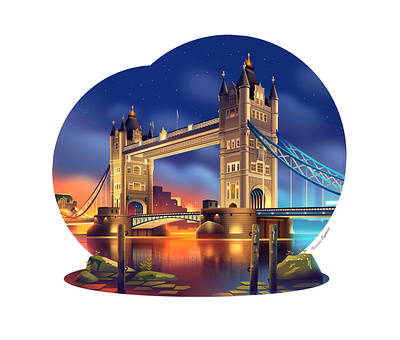 Tower bridge architecture drawing fog illustration london neon tamise travel world