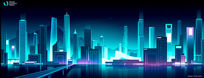Market urbanism report blue city cityscape futur illustration light neon retro skyline tech web