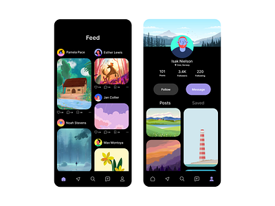 Art Social Media App Concept - Dark Mode app app dseign avatar avatars colorful design elements figma home page illustration mobile mobile design profile social media ui ui design user experience user interface uxui