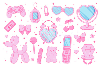 Cute pinkcore set barbiecore cartoon clipart cute girly glamour illustration kawaii nostalgia pink sticker vector y2k