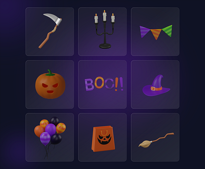 Halloween 3D Icons 3d 3d icons blender candy bag cinema 4d ghost halloween halloween 3d icon halloween elements halloween illustrations icon icons illustration pumpkin scythe spooky ui ux witch broom