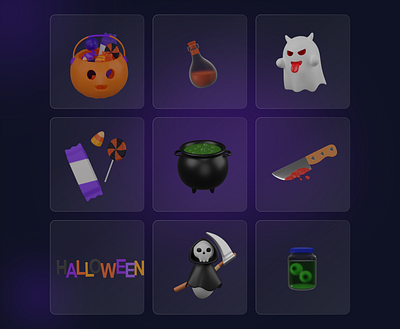 Halloween 3D Icons 3d 3d icons blender candy ghost grim reaper halloween halloween 3d icon halloween candy halloween illustration icon icons illustration knife potion pumpkin spider ui ux witchcraft pot