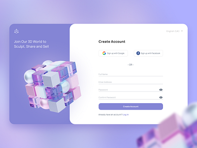 Signup Page for a 3D Asset Marketplace 3d branding concept create account creative design illustration kavizo signup ui ux