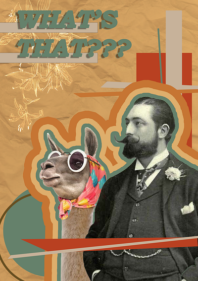 WHAT'S THAT??? 1900s art collage colorful cut design fun funny graphic design historic illustration llama media midjourney mixed mustache paper retro style vintage