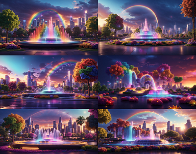 Vibrant Waters: Rainbow Fountain 3d 3d art ai art cgi city colorful colors environment evening fountain glowing illustration lights natural nature night rainbow sunset urban water