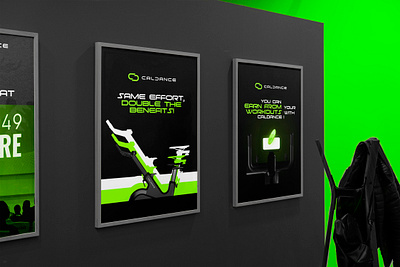 Crypto token spin bike poster designs for web3 fitness CalDance. black bold brand design branding colourful cool crypto design fitness futuristic graphic design green minimal social media spin bike sporty tech token vector web3