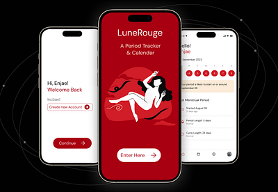 LuneRouge- A Period Tracker & Calendar app branding cycle tracker design graphic design hygiene illustration inspo mobile app new period cycle tracker period tracker periods red red and white tracker ui ux women