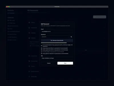 Password Manager App Dialog - Dark dark dashboard delete design desktop desktop app dialog edit mac macos modal password password manager password manager app passwords popup strength ui update ux