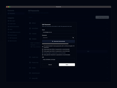 Password Manager App Dialog - Dark dark dashboard delete design desktop desktop app dialog edit mac macos modal password password manager password manager app passwords popup strength ui update ux