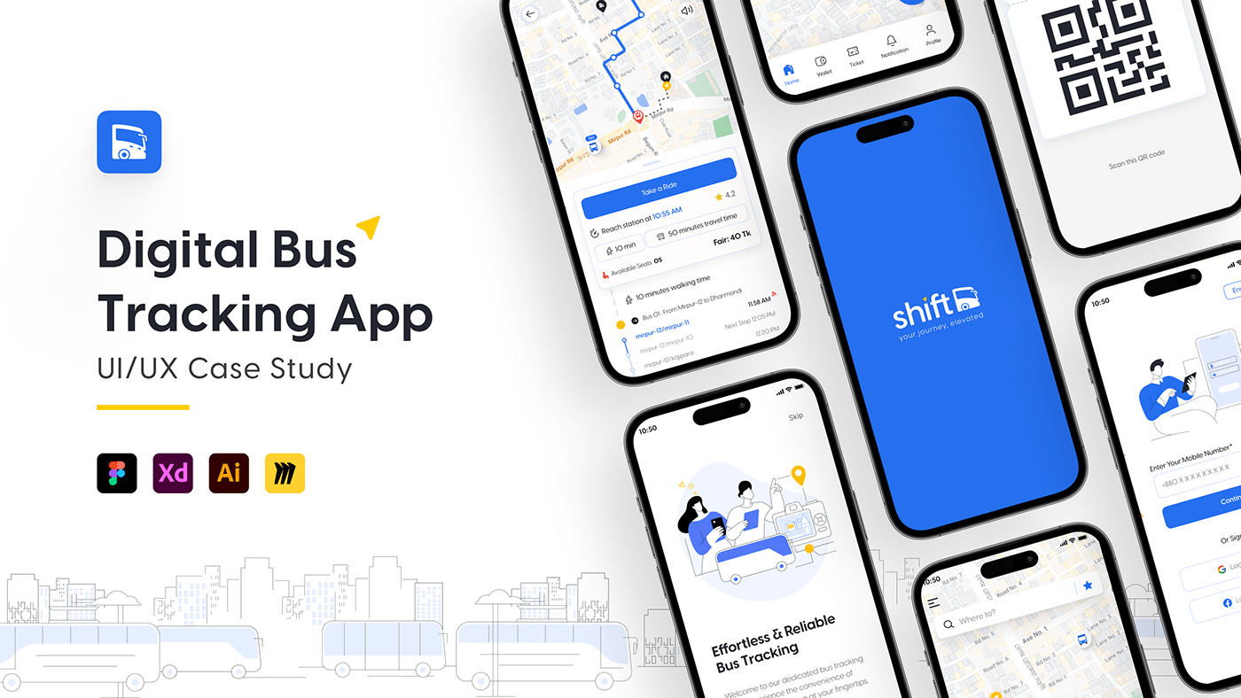 Shift - Digital Bus Tracking App | UI/UX Case Study air ticket app bus ticket app bus ticketing app bus ticketing automation bus toll app bus toll automation bus tracking app digital bus app digital ticket app mobile bus tracking ticket app ticket buying app toll app train ticket app uiux case study