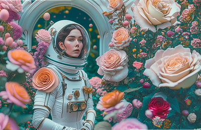 Girl of the future in a spacesuit in a garden in space design digital future garden girl graphic design illustration space spacesuit typography