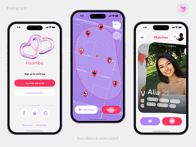 Heartbo dating app 3d animation app concept dating graphic design heart love man map mobile motion graphics product product design registration selection typography ui ux woman
