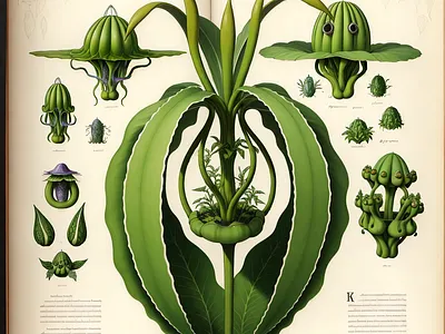 An antique botanical drawing of a fantasy palnt art botanical drawing fantasy fictional plant plants