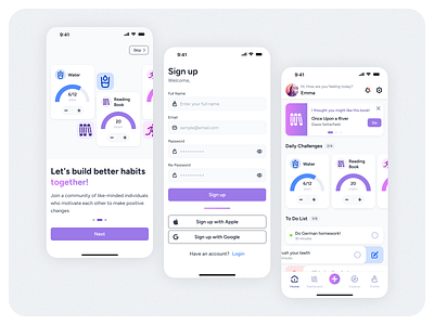 Habit Tracker Mobile App UI app branding challange figma gamification habit home illustration login logo mobile onboarding rutine social tracker ui ux vector