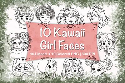 10 Kawaii Girl Faces character design clipart coloring cute girl face design element face expression face line drawing graphics design hand drawn handdrawn illustration kawaii face kawaii girl kawaii illustration kids illustration line art line drawing lineart png bundle png download