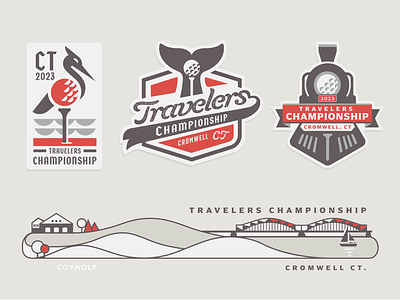 Travelers Championship Logo Merch badge branding bridge connecticut farm golf golfing heron identity illustration lettering logo patch pga pga tour steam train train travelers vintage whale