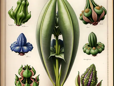 An old-fashioned botanical drawing of fantasy flowers art botanical drawing fantasy fictional flora flowers illustration old fashioned plants