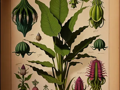 An old-fashioned botanical drawing of a fantasy plant antique art botanical drawing fantasy fictional flora old old fashioned plants