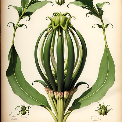 An old-fashioned botanical drawing of a fantasy plant art botanical drawing fantasy fictional flora plant