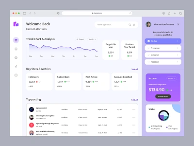 Dashboard Social Media android aplication aplle appinterface custom dashboard design designinterface desktop iphone marketing mobile purple service socialmedia supiyandi ui ux webdesign website