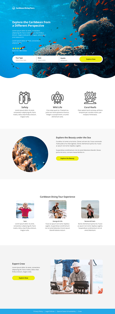 Daily UI #003 - Landing Page 2d branding call to action cta daily ui dailyui design diving graphic design landing page minimal ocean page sea tour ui ux vacation web design website